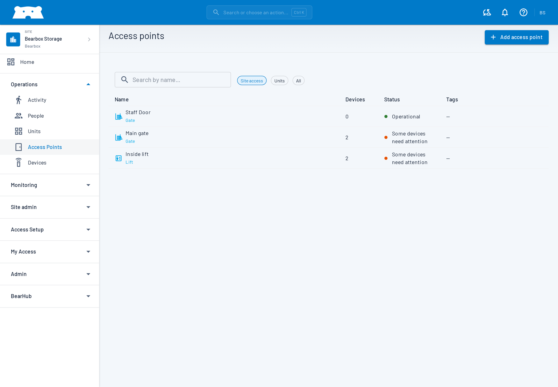 Vista reale Access points del Bearbox Portal con cancelli, ascensore e stati di funzionamento dei dispositivi