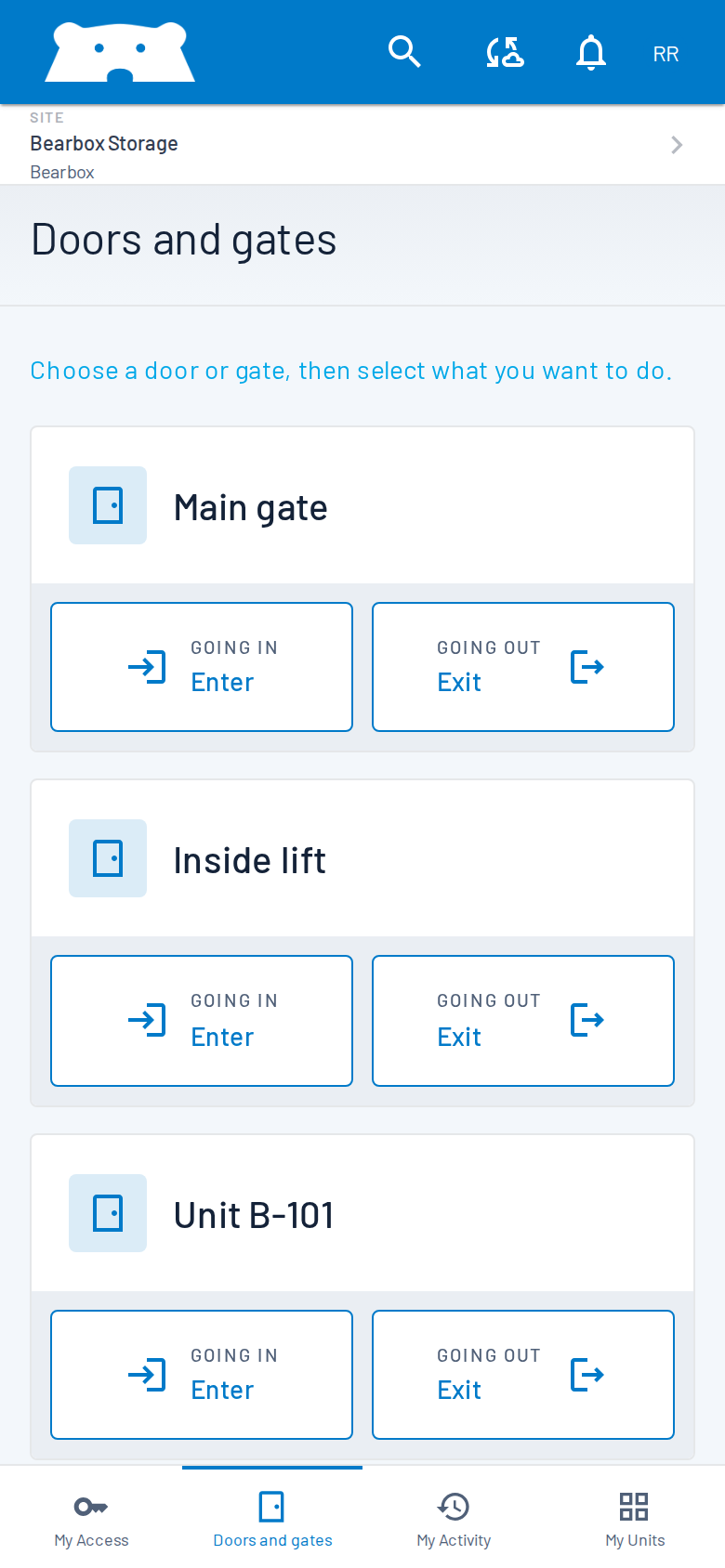 Bearbox customer Doors and gates web view with entry and exit controls