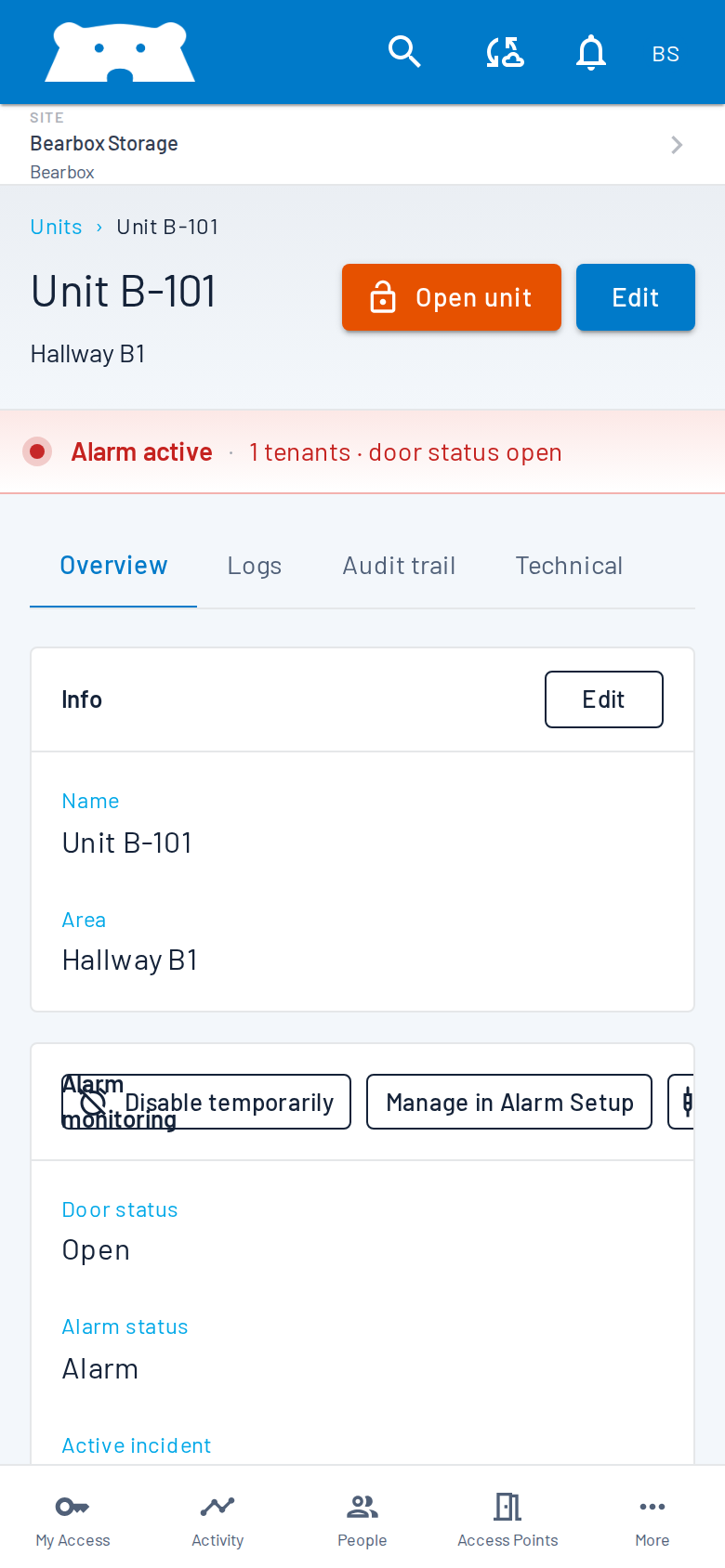 Bearbox Portal unit detail showing an active alarm and an open door